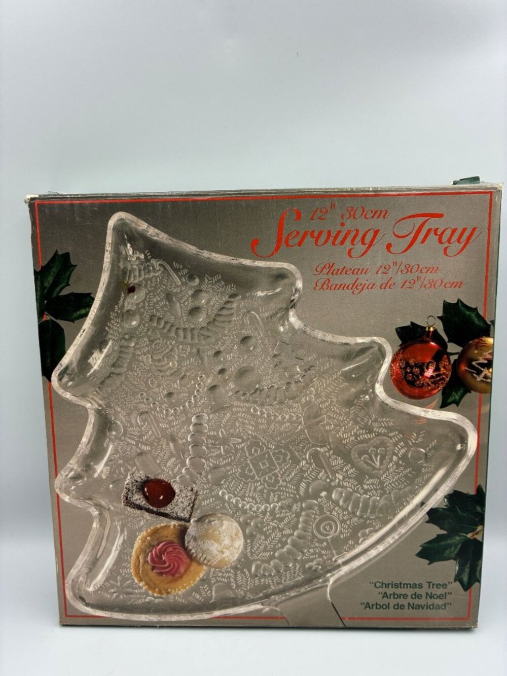 12" Christmas Tree Clear Glass Serving Tray Embossed Holiday Pattern Original